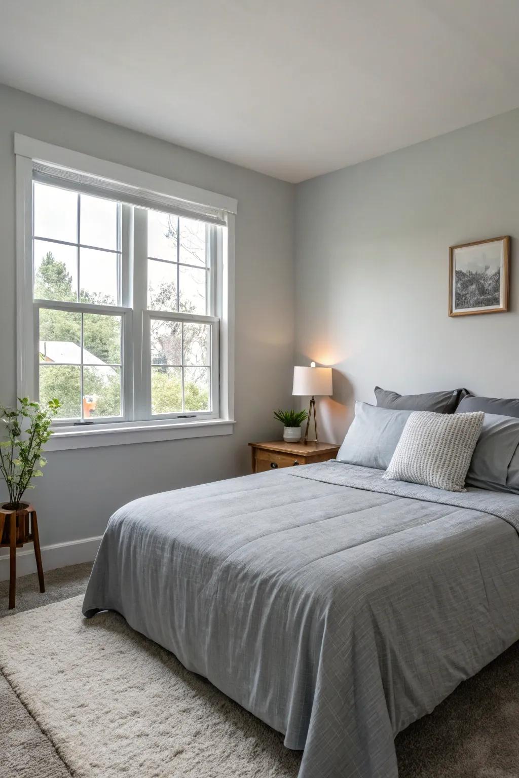 Basic, uniform-colored bedding enhances the unified look of the room.