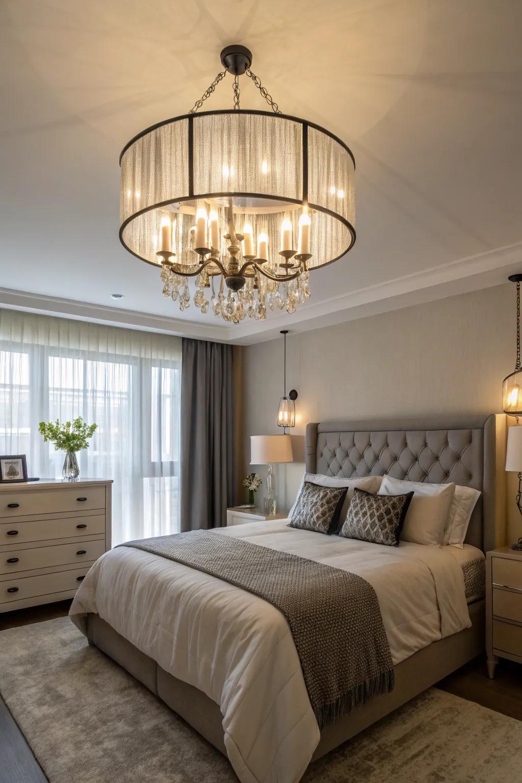 A bedroom transformed by the elegance of a statement light feature.