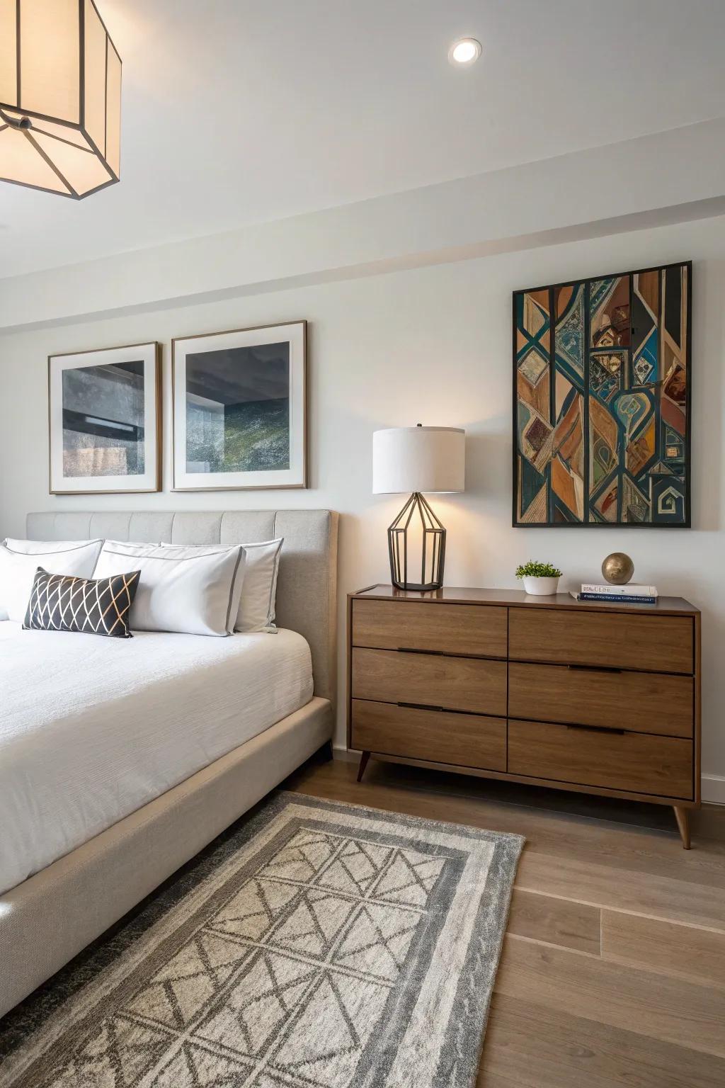 A modern bedroom showcasing streamlined, contemporary ornamentation.