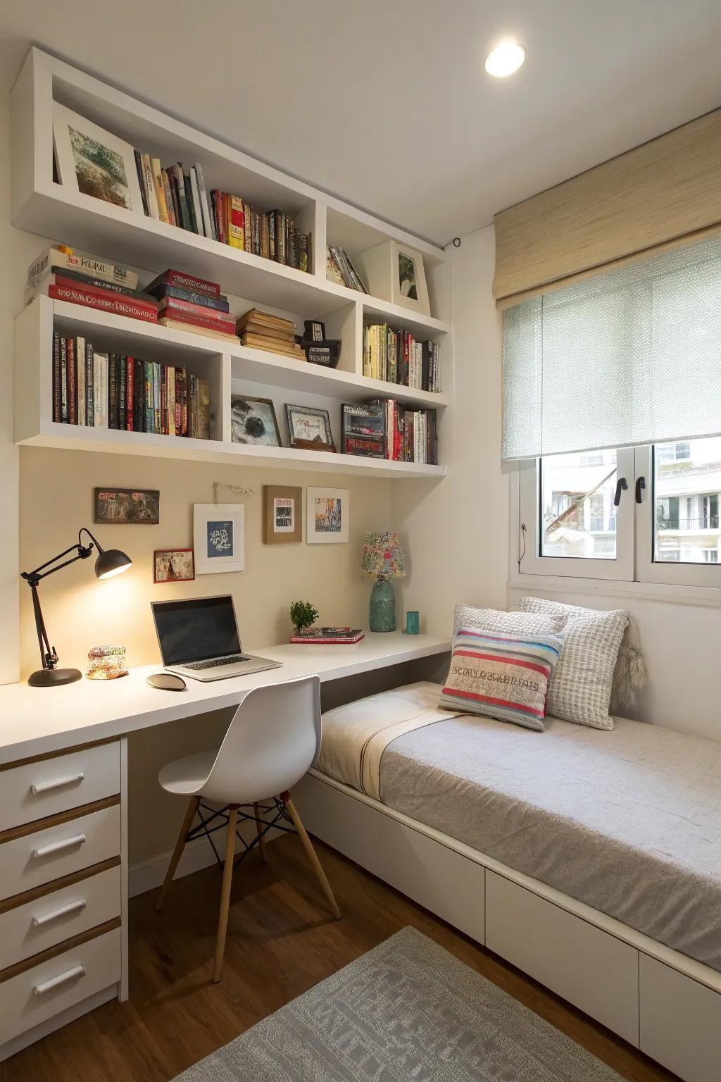 Nook shelves facilitate the efficient utilization of every square inch within your bedroom.