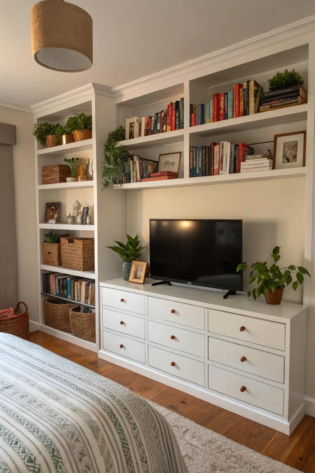 Integrated shelving seamlessly merges your TV into the bedroom's design.