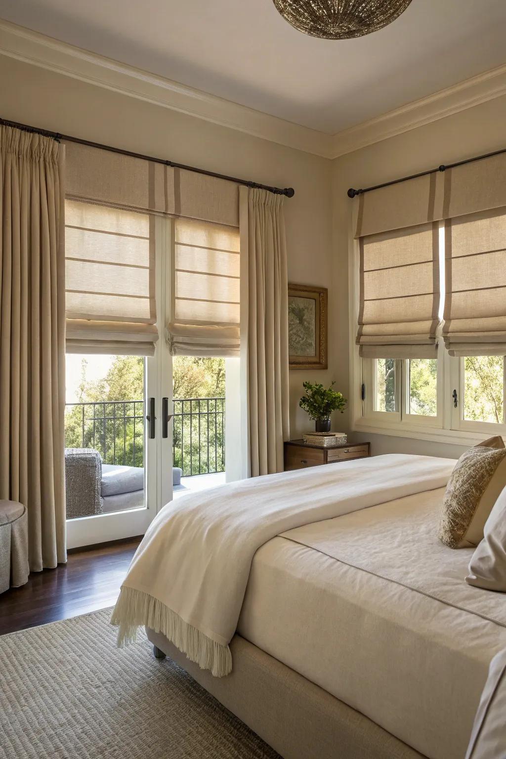 Pleated awnings contribute a poised and elegant appearance to any bedroom.