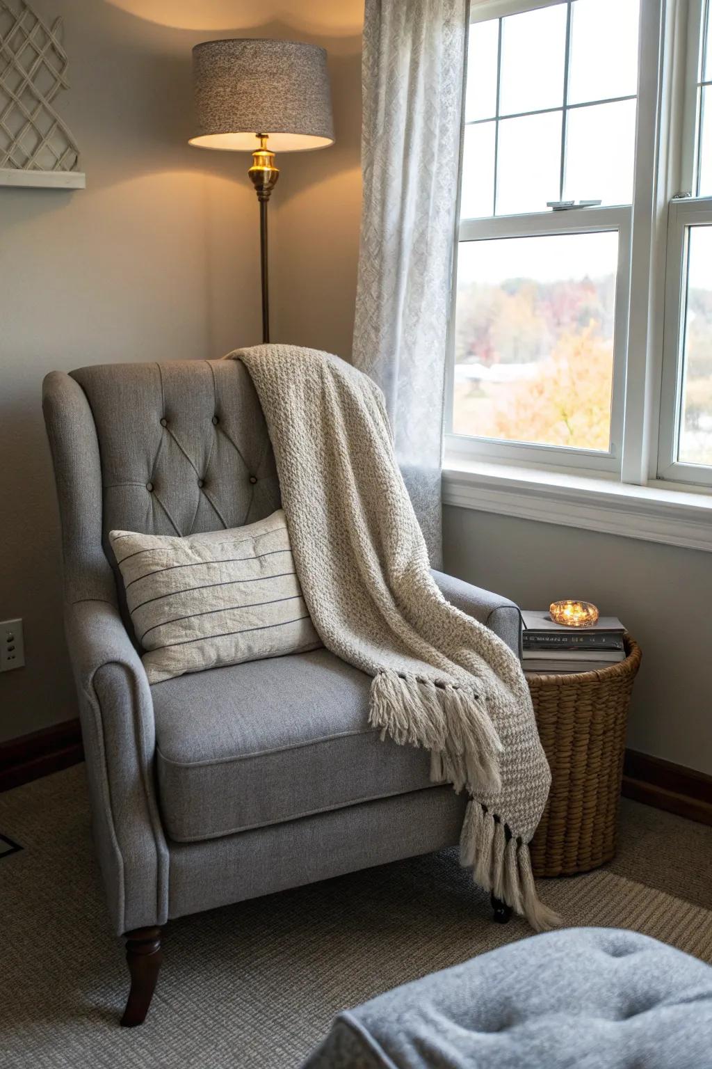 A comfortable nook featuring structured grey upholstery.