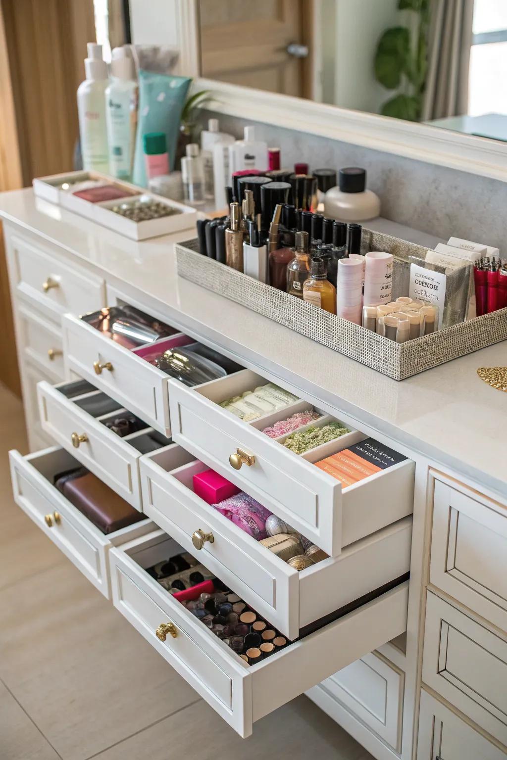A storage-savvy makeup table keeping everything tidy.