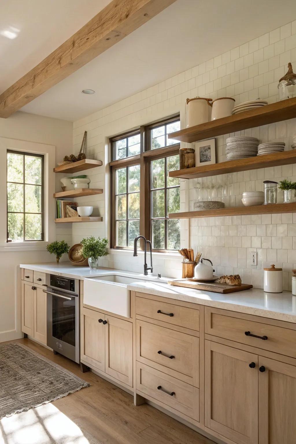 Native wood features enrich the linen and chalky palette.