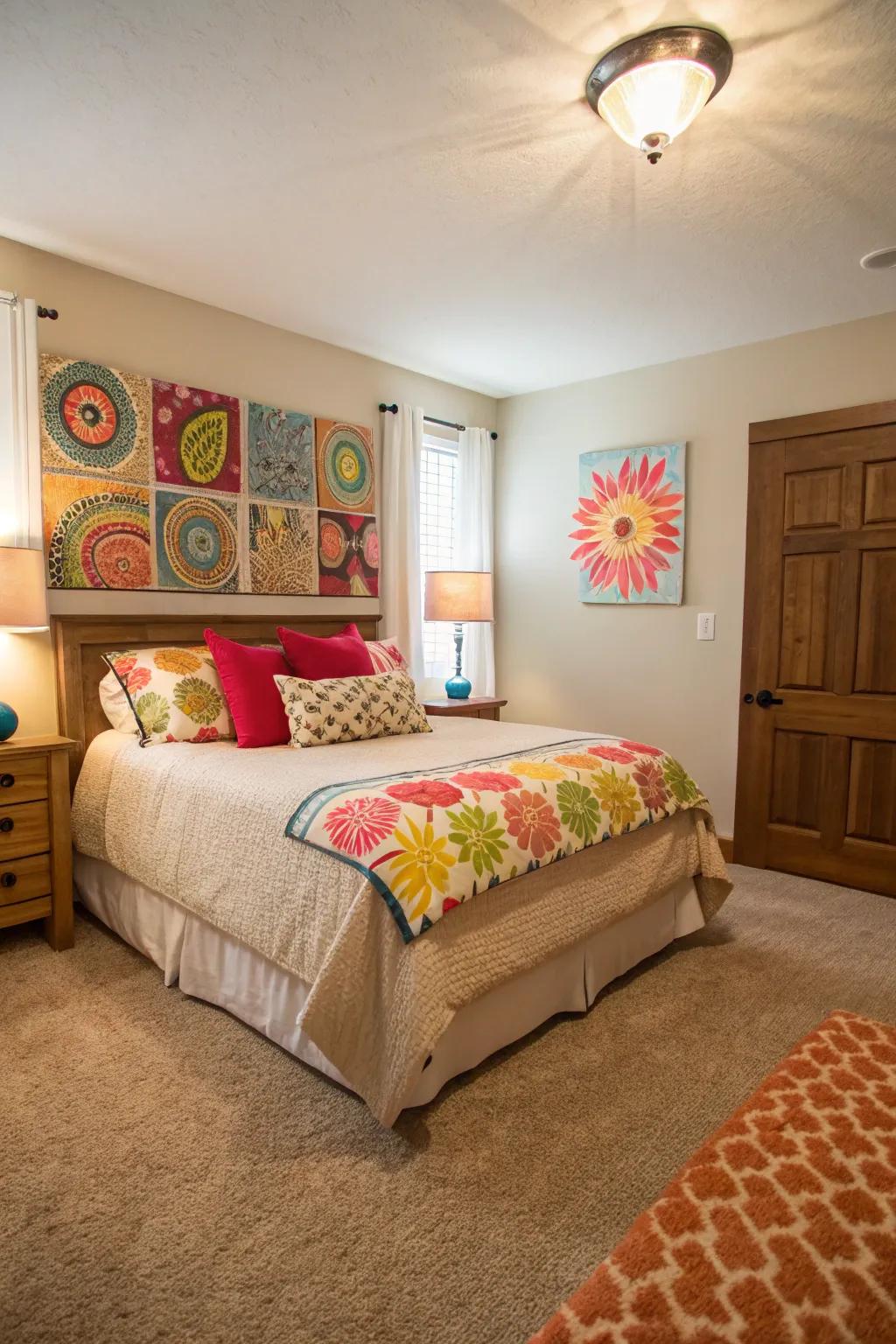 Vibrant highlights breathe life into this bedroom, establishing a striking contrast with the beige carpet.