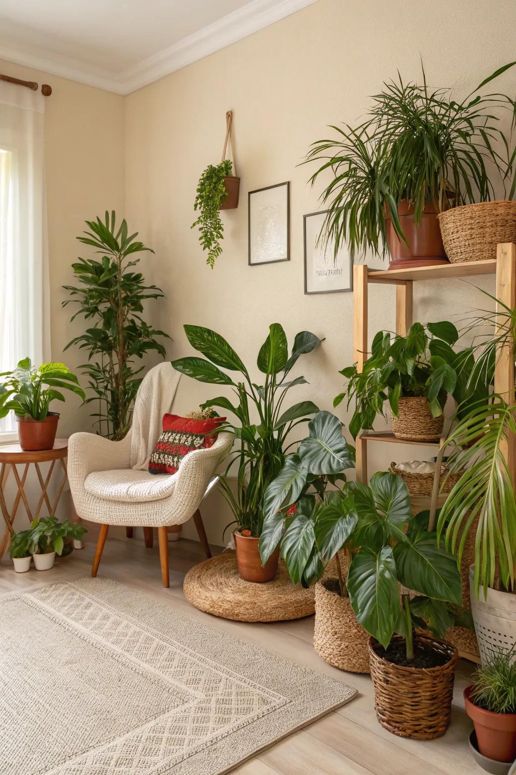 Greenery imparts a vivacious, natural atmosphere to this beige-dominated room.