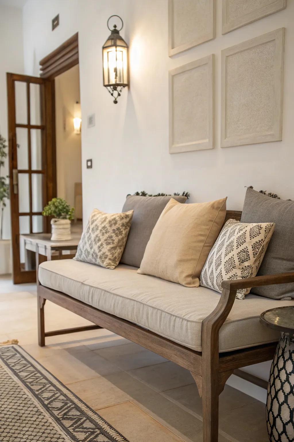 Neutral tones present a serene and adaptable cushion choice.