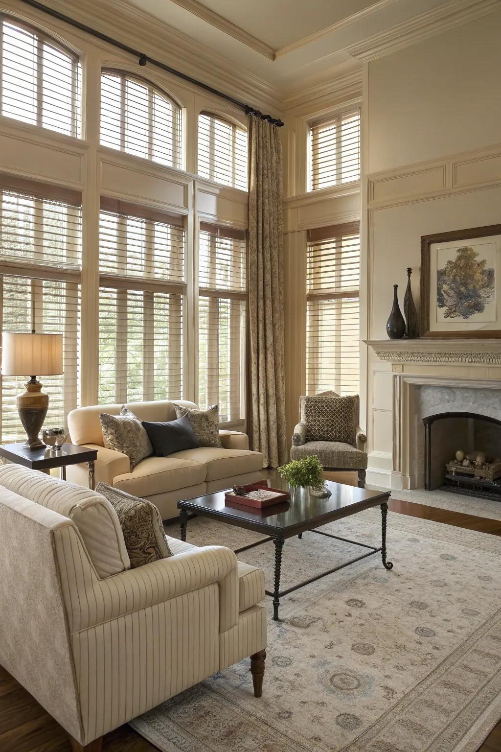 Coordinated coverings enhancing elegance in the main living area.