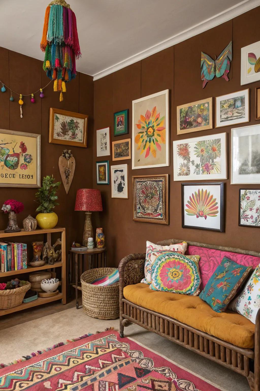 An artistic haven with brown walls enhancing vibrant artwork.