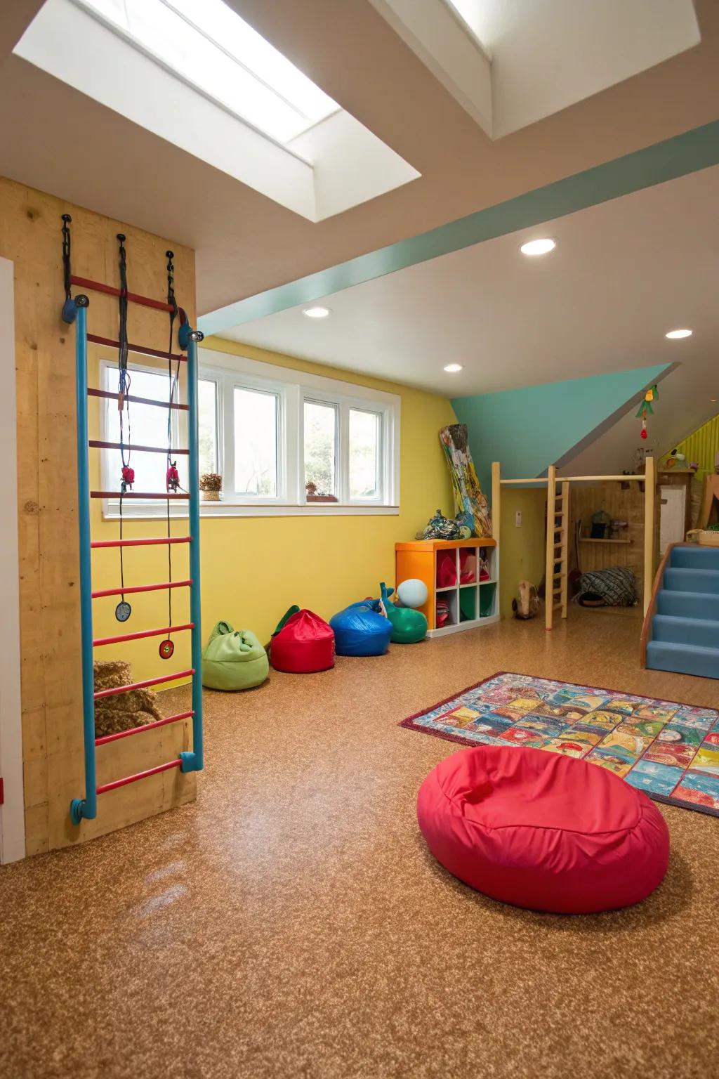 Cane flooring enriches basements with warmth and texture.