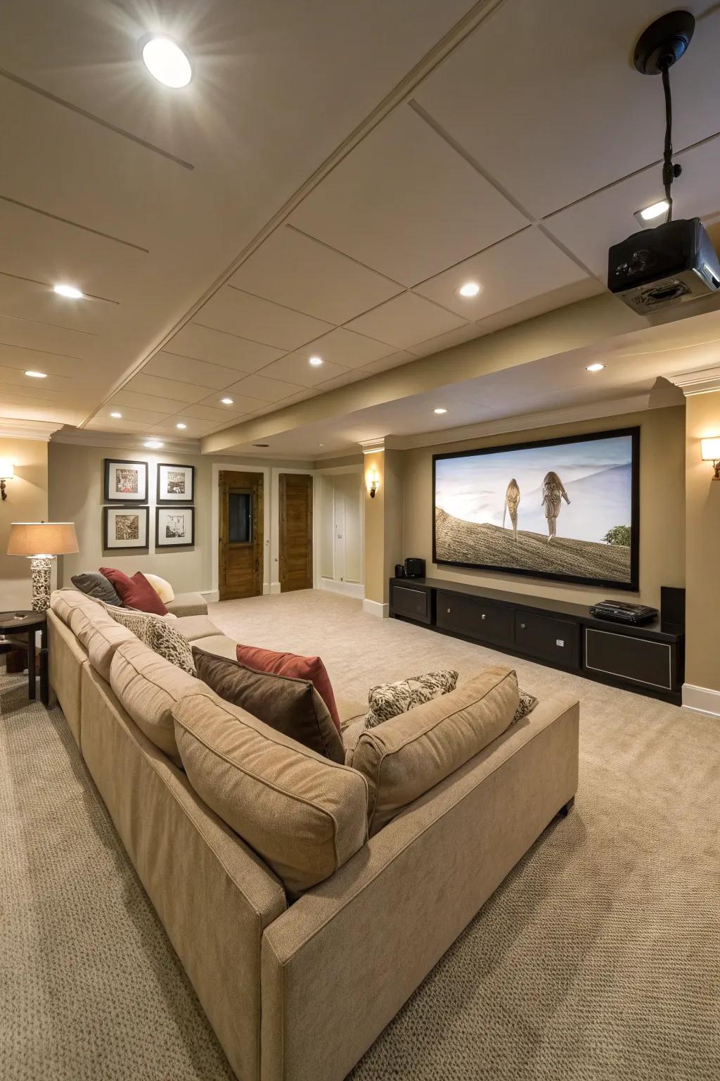A sectional sofa offers abundant seating in this family-oriented theater space.