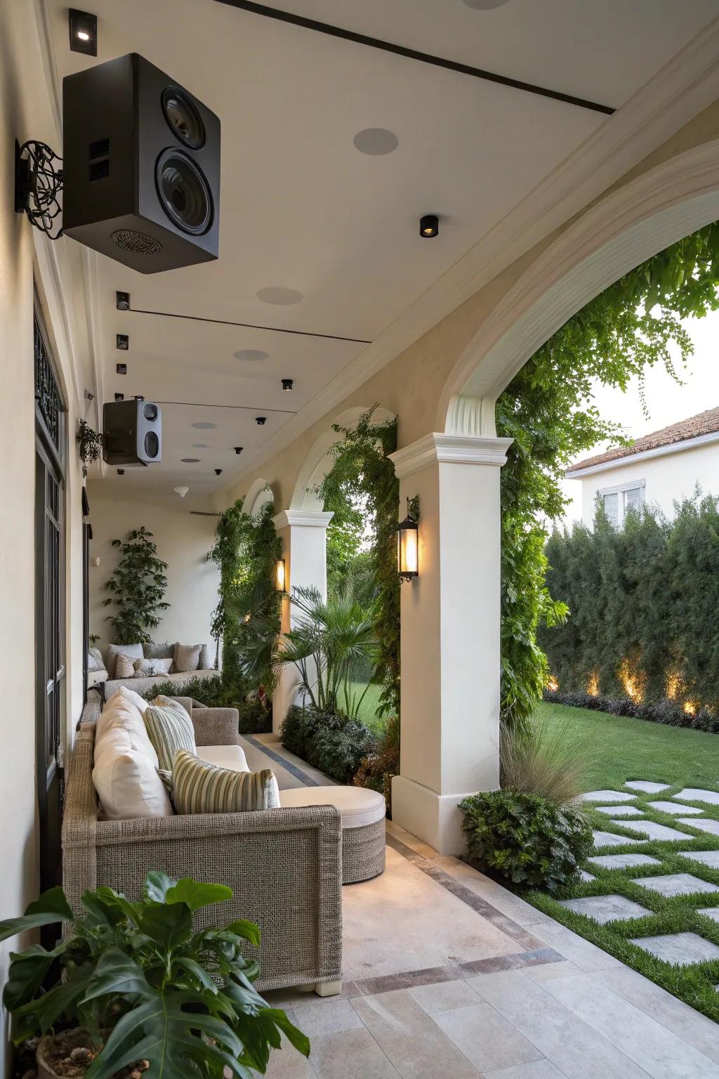 Wall-secured speakers offer a streamlined, permanent audio solution for patios.