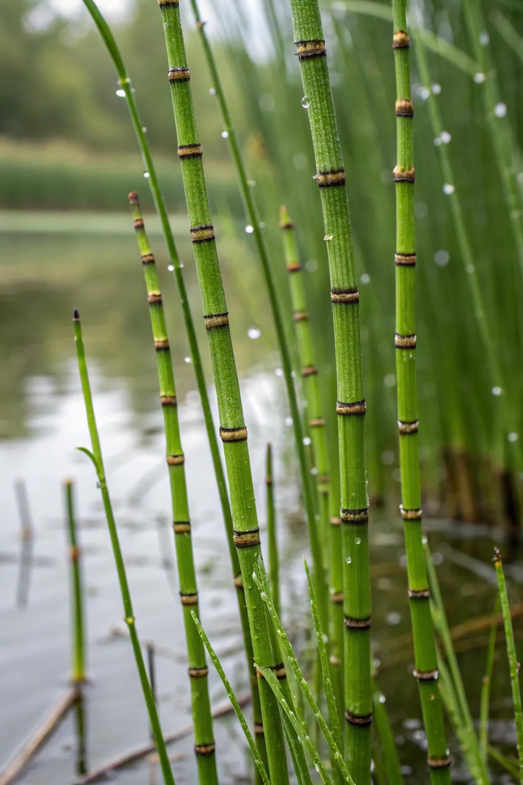 Equisetum offers striking architectural interest to pond scenery.