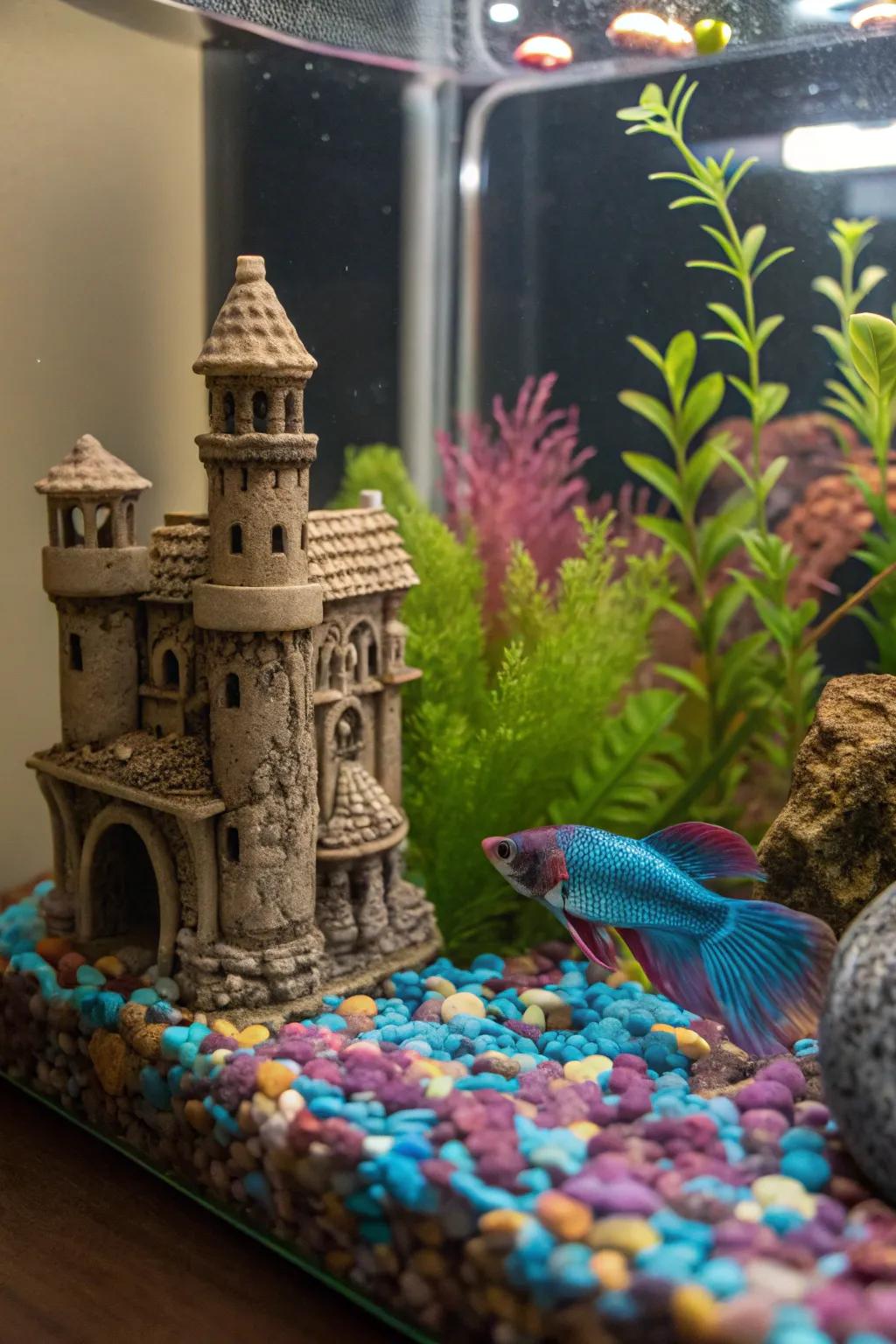 A whimsical realm for your betta, enriched with themed adornments.