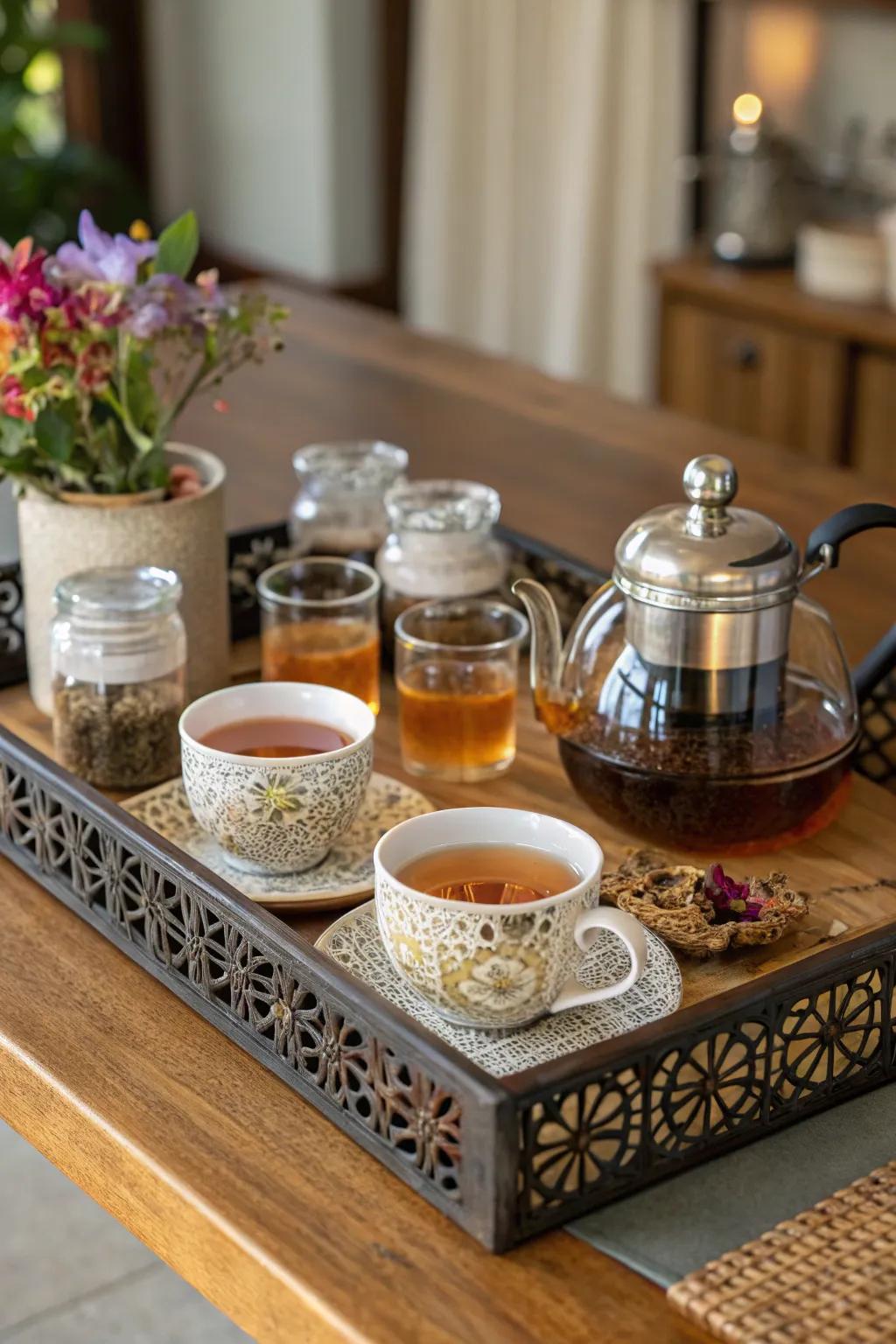 Host a delightful tea time with a dedicated tea tray.
