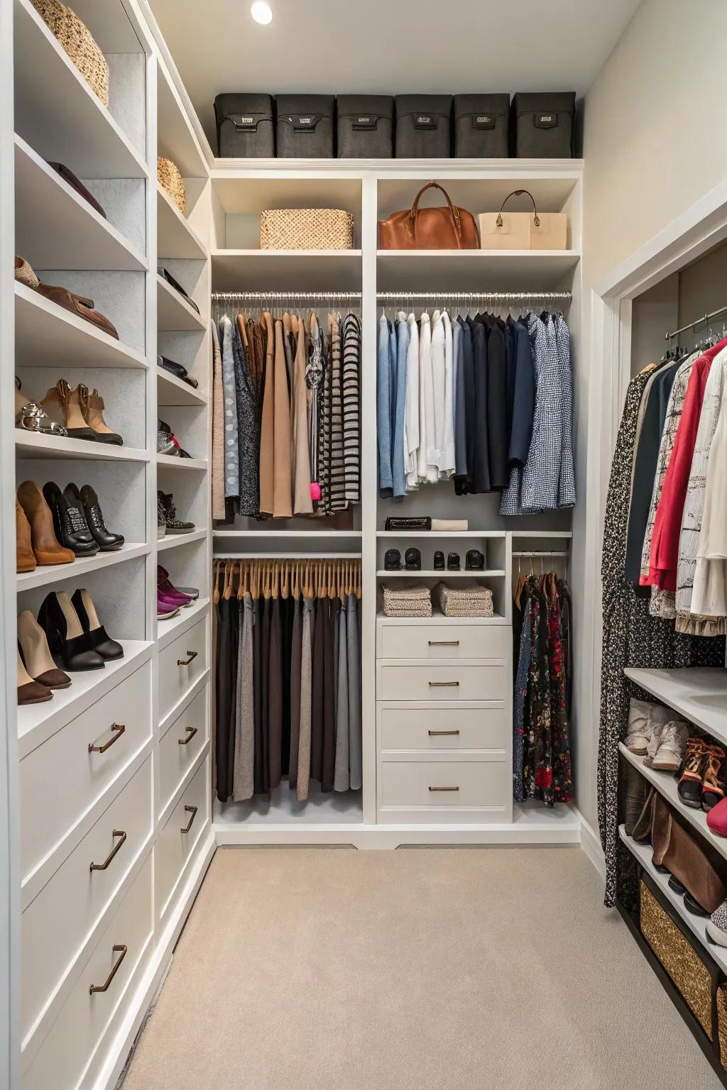A closet showcasing top-to-bottom shelves filled with neatly organized goods.