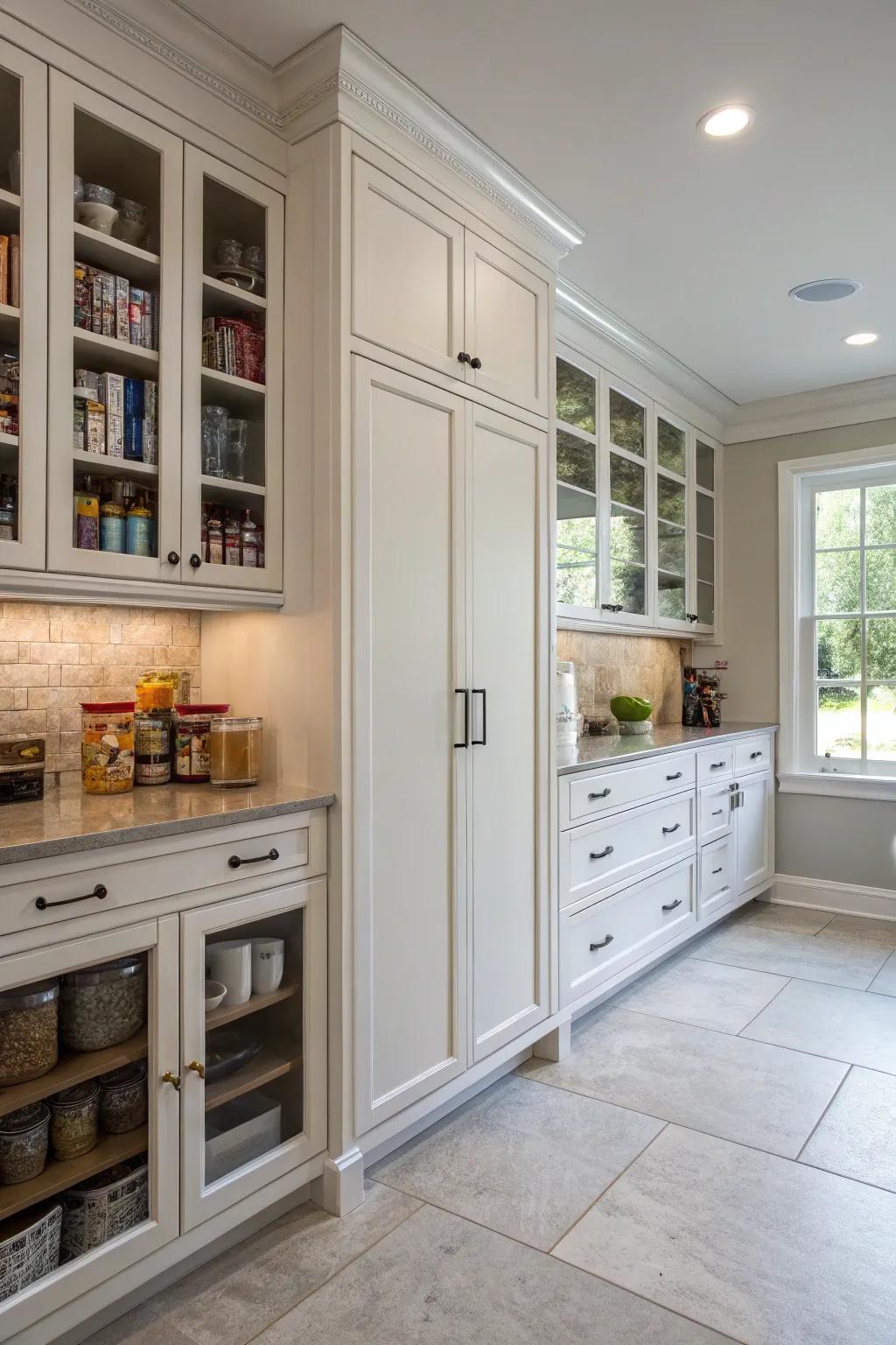 Full-height cupboards provide abundant storage alongside a stylish aesthetic.