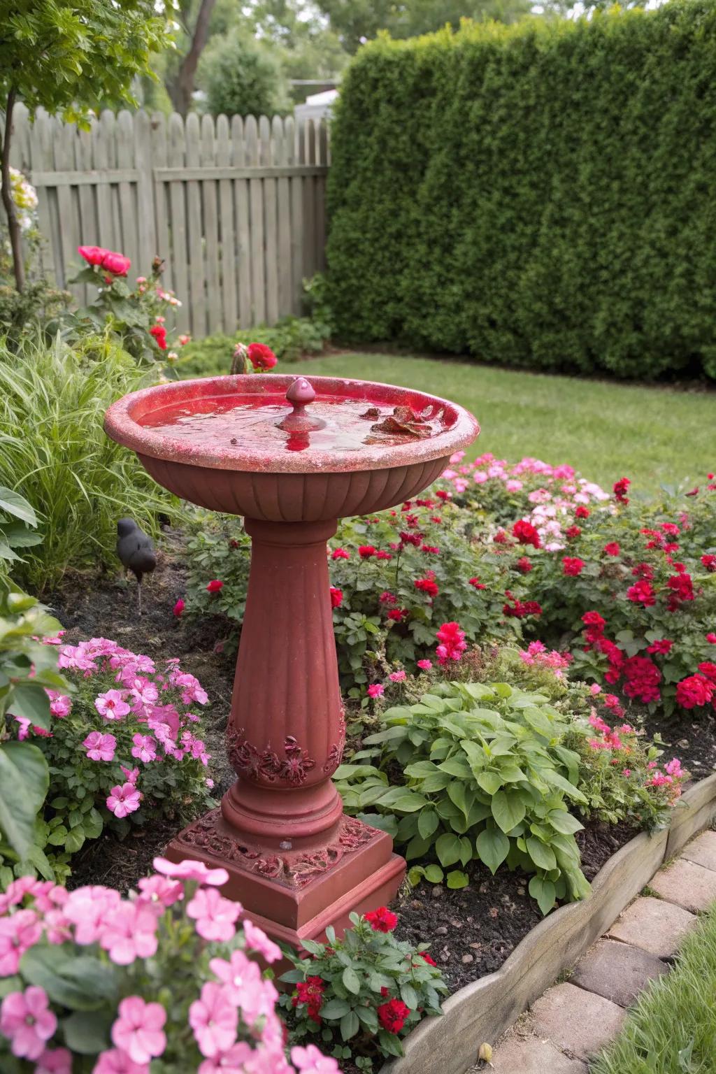 A striking red bird bath amidst a sea of pink and red blossoms, creating a welcoming haven for hummingbirds.