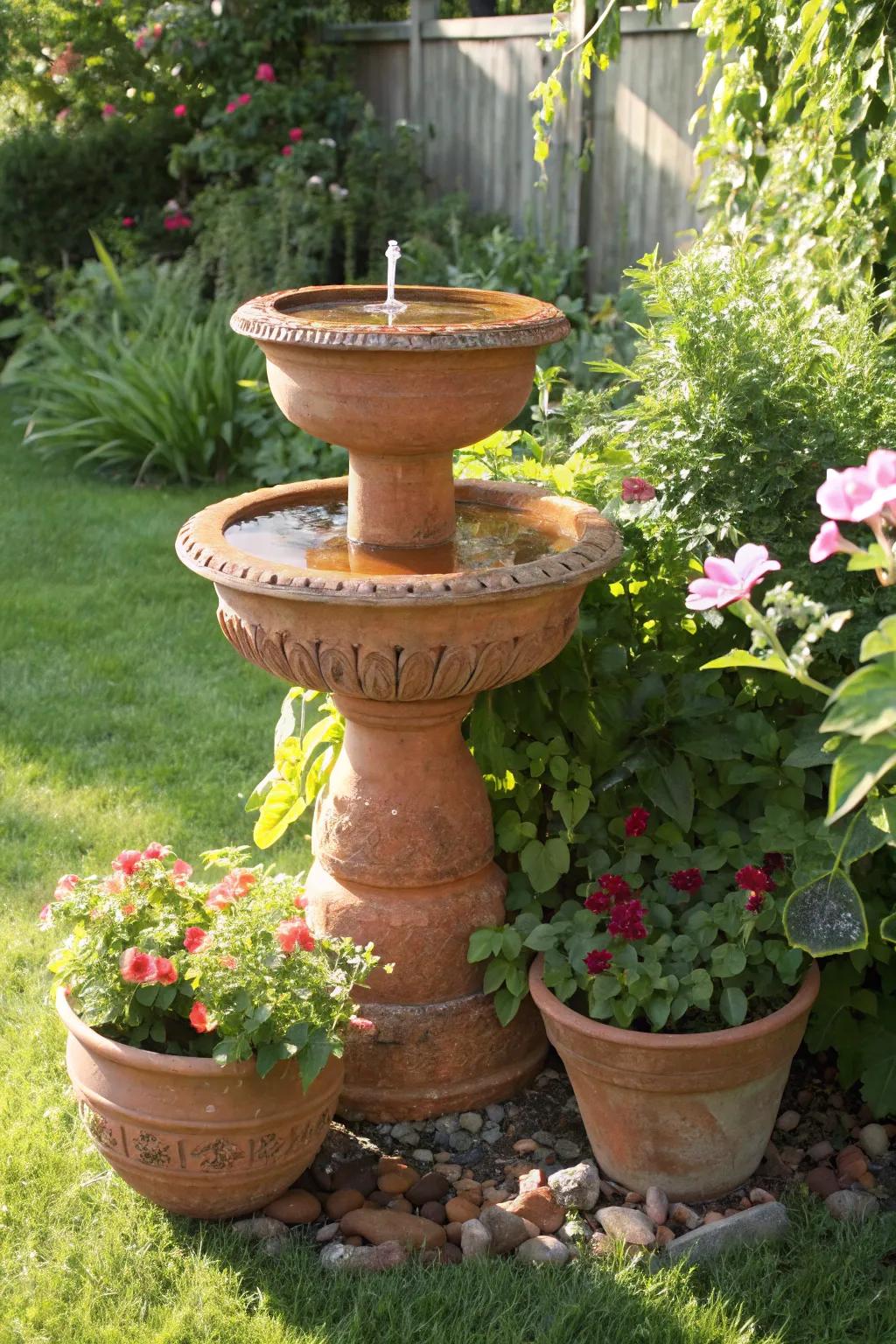 Tiered terracotta pots make for an inviting bird bath.