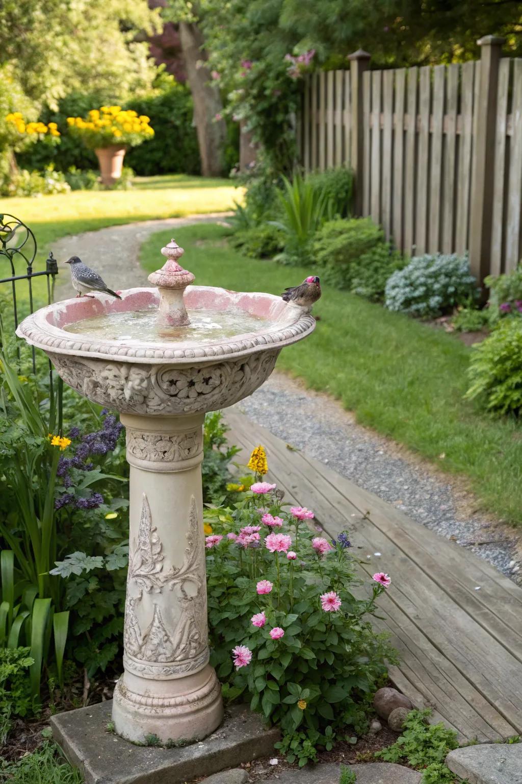 A repurposed basin bird bath stands as an exceptional garden adornment.
