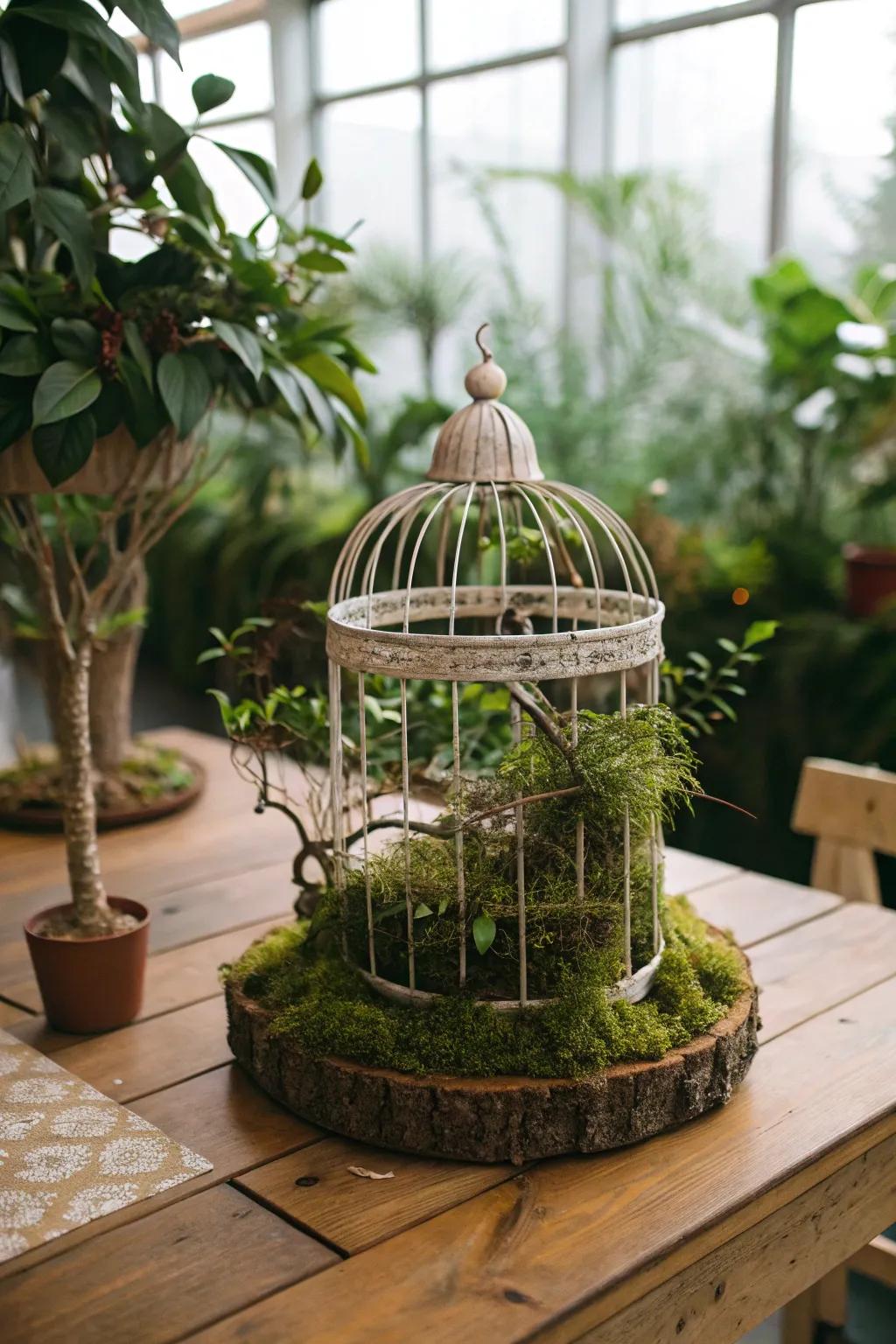 A bird cage centerpiece featuring natural components for an organic sensation.