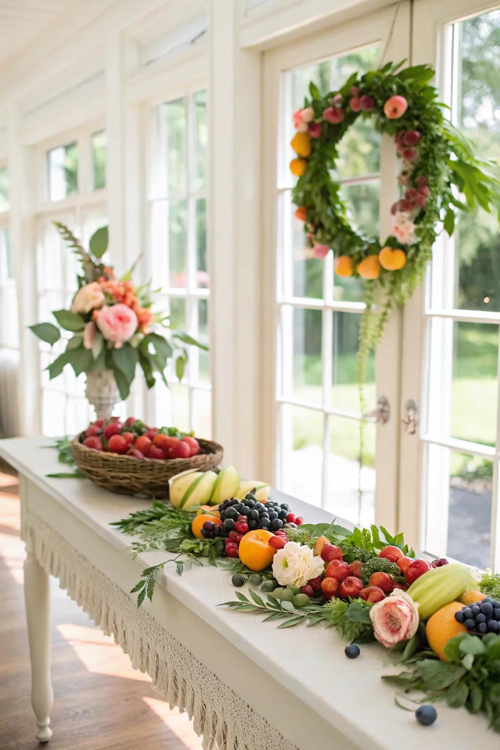 A fresh and colorful fruit and floral garland for summer celebrations.