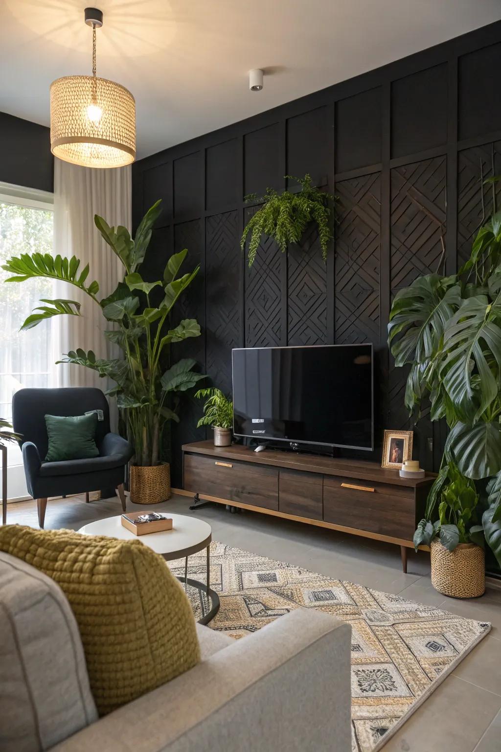 Verdure injects a refreshing comparison to a dark-toned statement wall.
