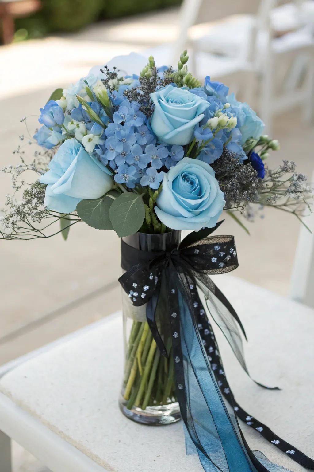 Blue blooms paired with black accents create striking floral arrangements.