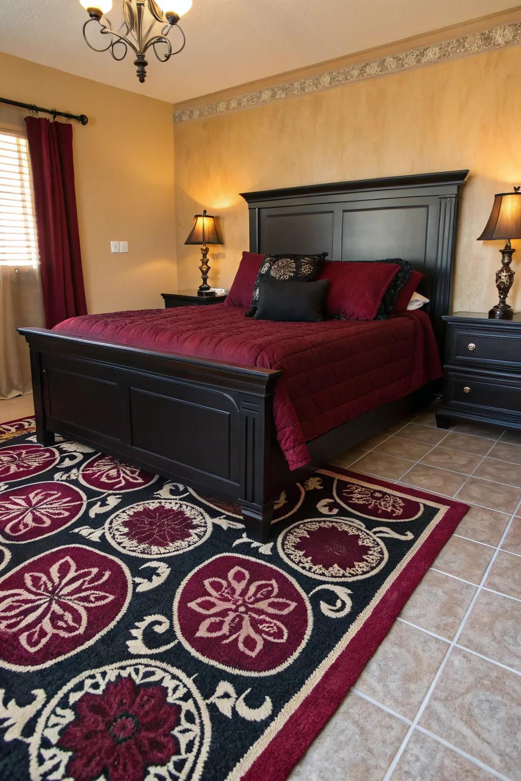 A patterned rug in black and burgundy contributes visual intrigue and unites the room's elements.