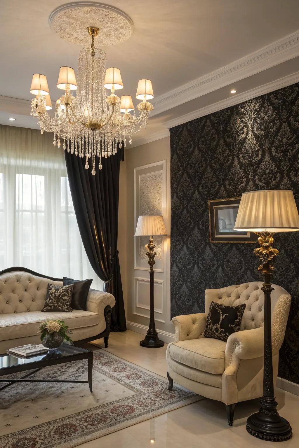 A theatrical chandelier and streamlined standing desk lamp emphasize the elegance of an ebony and ivory living area.