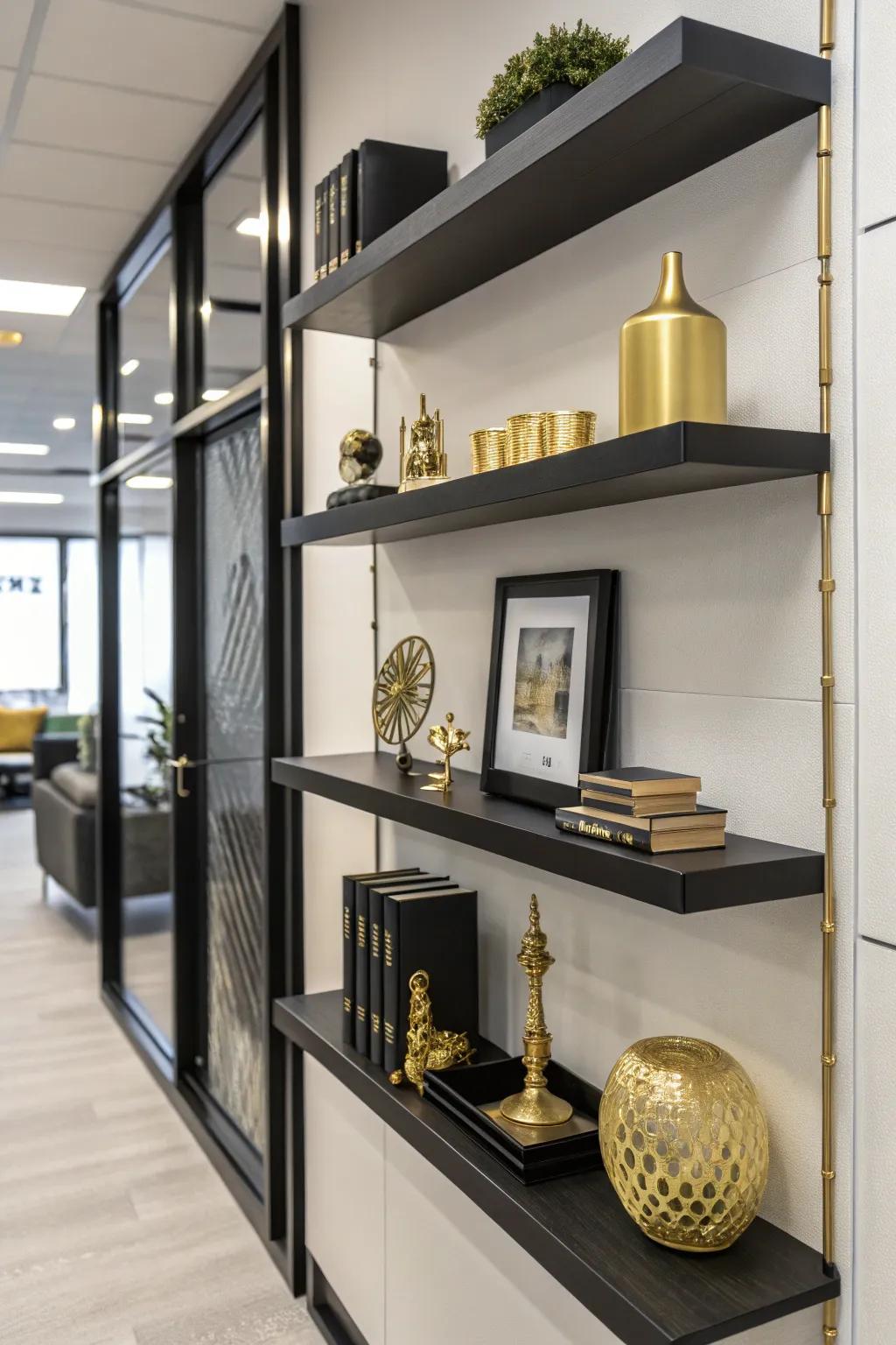 Ebony shelving with gilded decor establishes a balanced and chic display.
