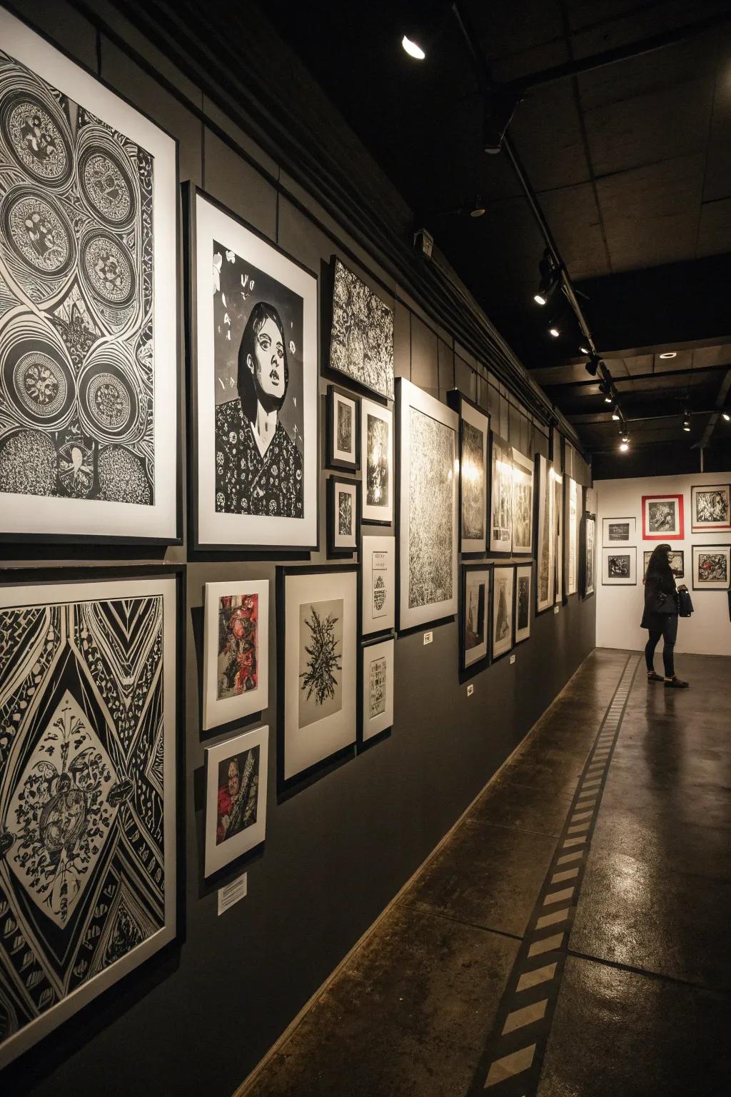 A dapper single-hue exhibition wall exhibiting light and dark artistry.