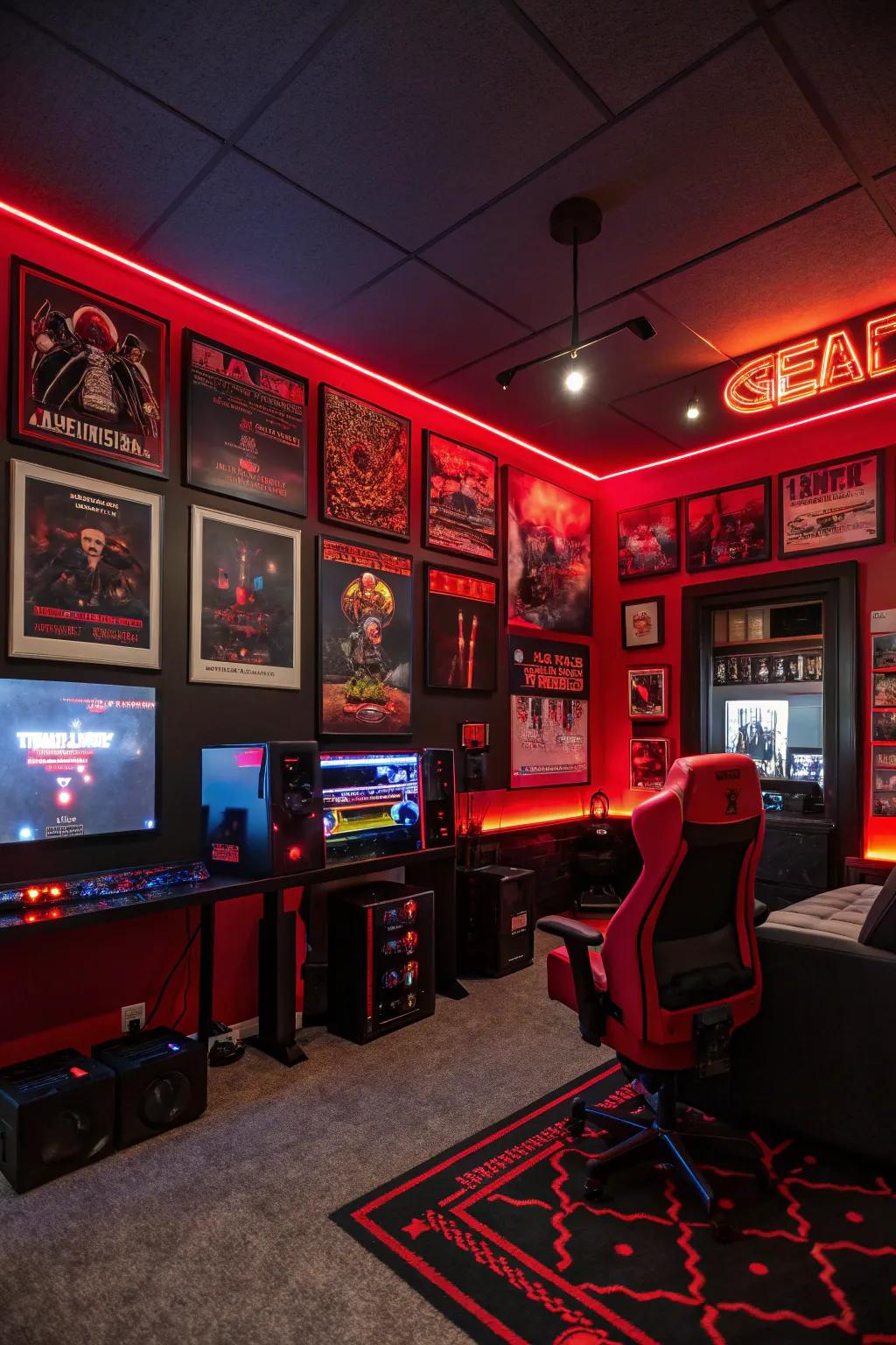 Gaming-inspired mural art in scarlet and black crafts a tailored impression within the setup.
