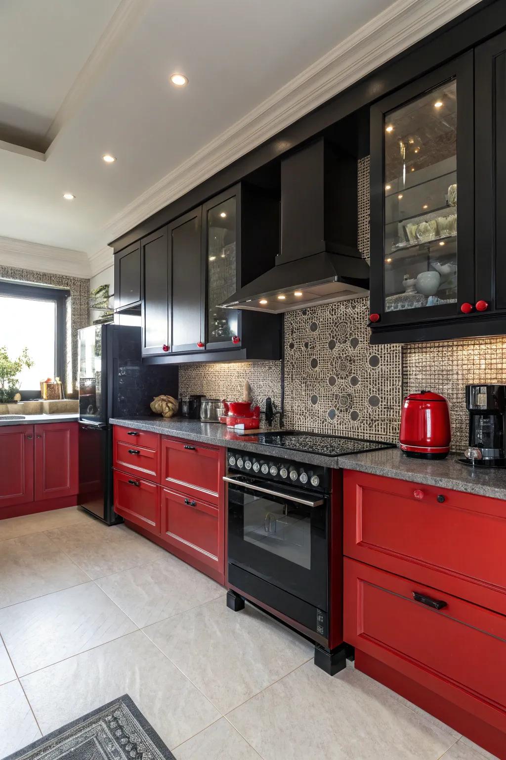 Audacious scarlet gadgets create a striking assertion against ebony cabinetry.