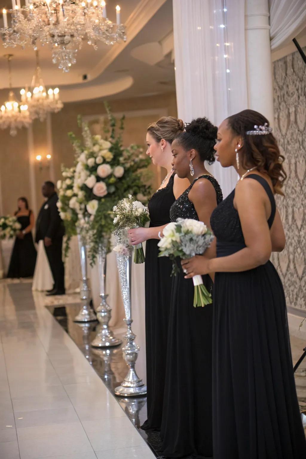Chic bridesmaid attire in coal and shimmer.