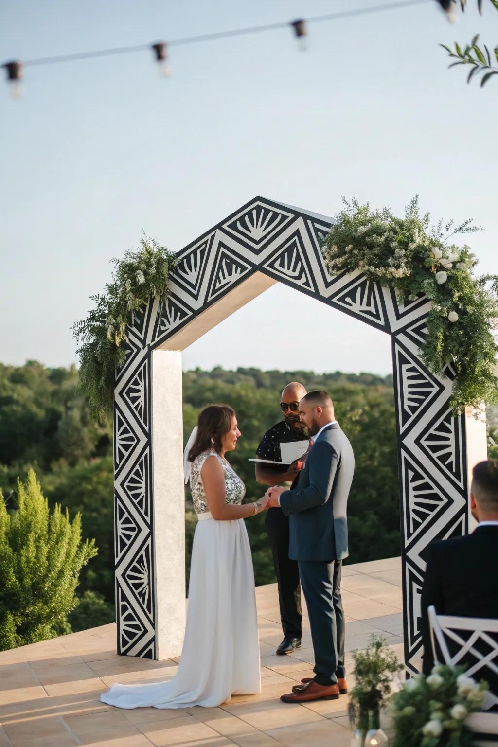A bold geometric arch adds a modern flair to a classic black and white ceremony.