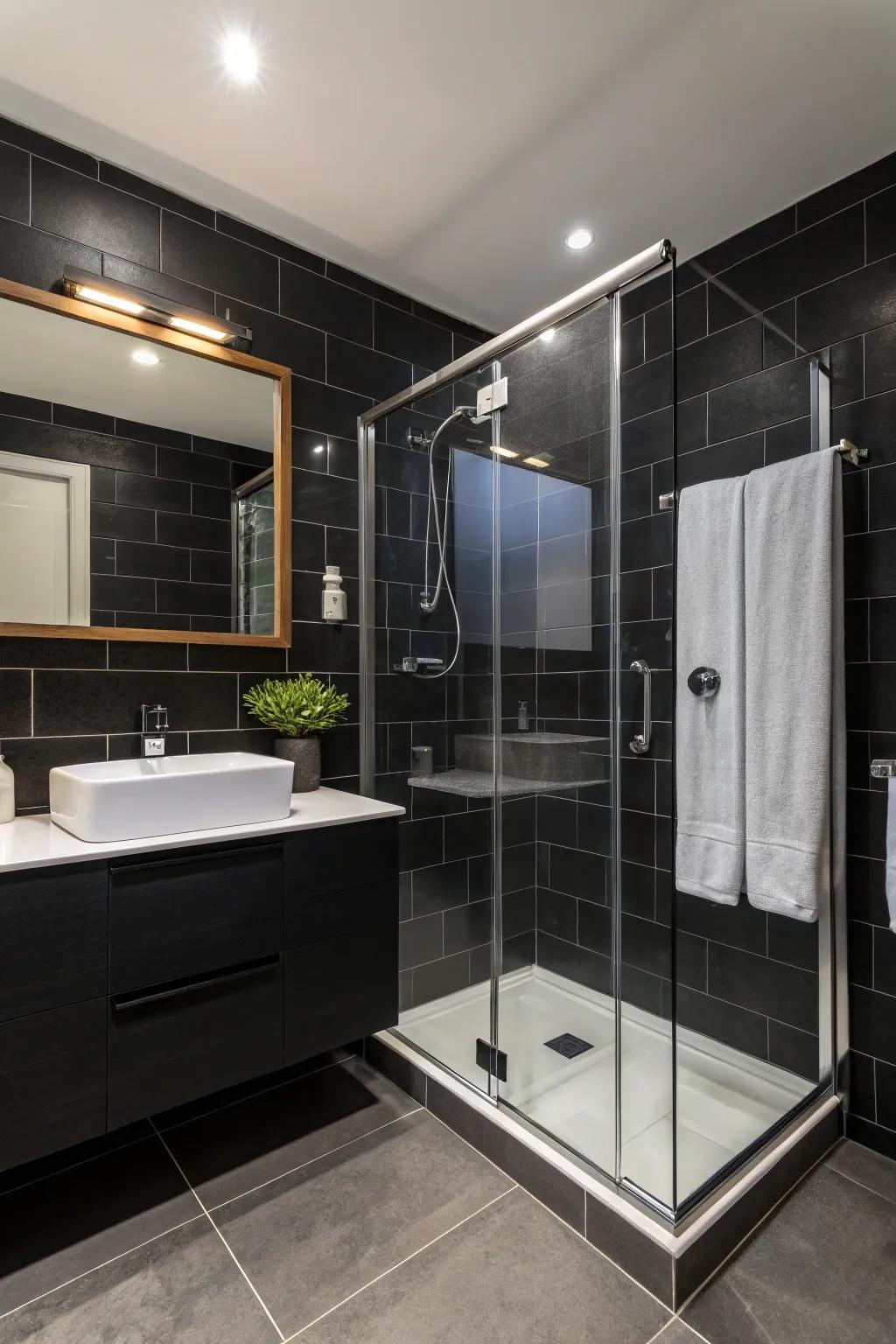 Glass elements bring a modern twist to black bathroom schemes.