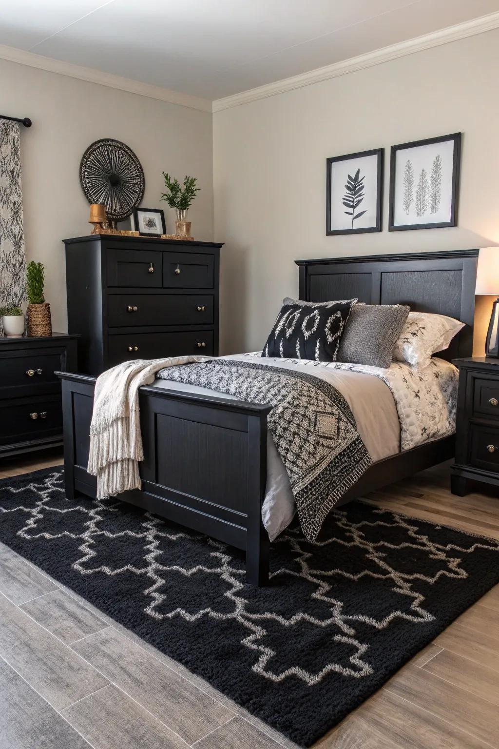 A symphony of textures featuring dark furniture and a mix of layered materials.