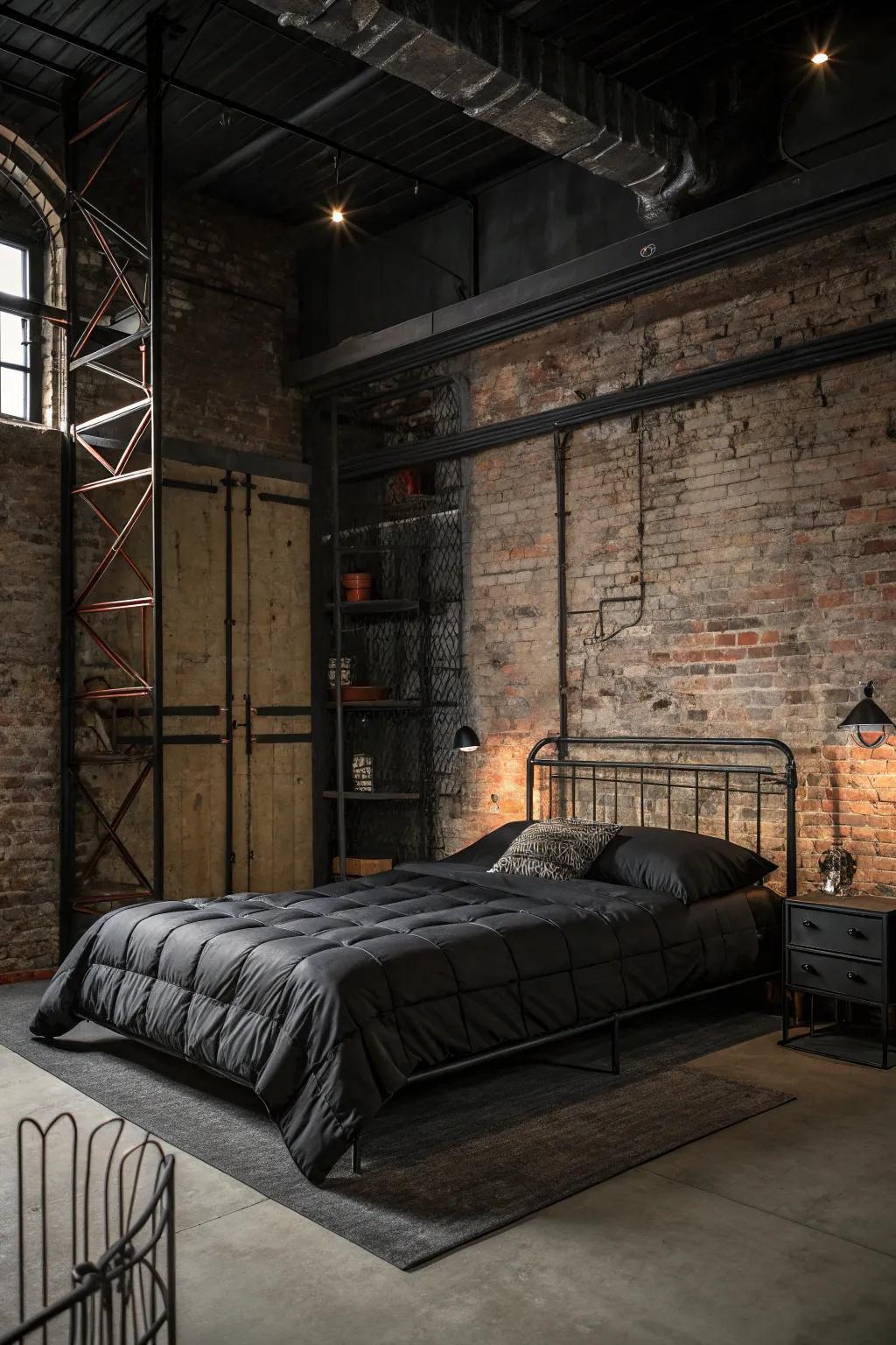 An industrial-style bedroom featuring a striking dark-toned duvet centerpiece.