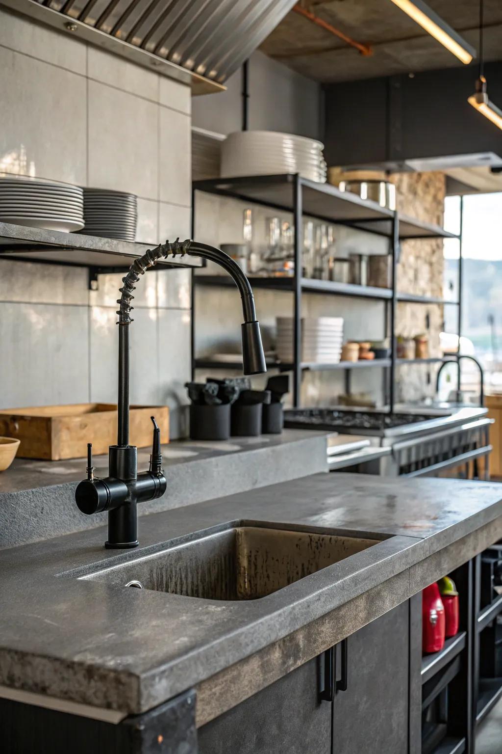 Industrial components coupled with a black faucet produce a daring kitchen affirmation.