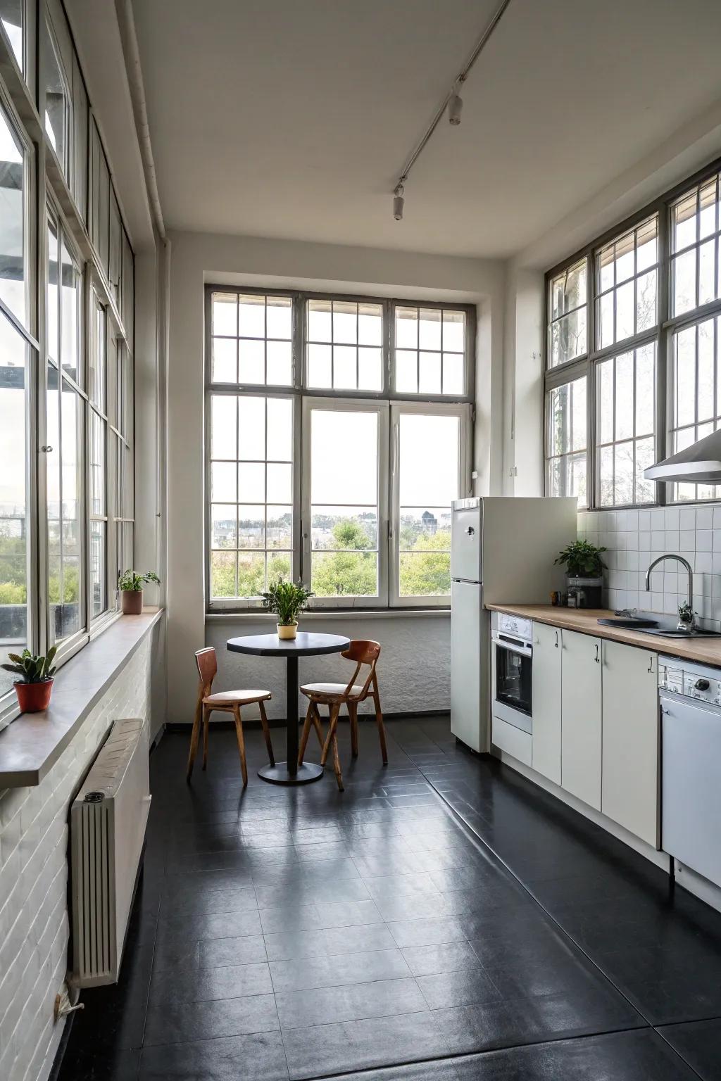 A minimalist kitchen with dark flooring that highlights simplicity and elegance.
