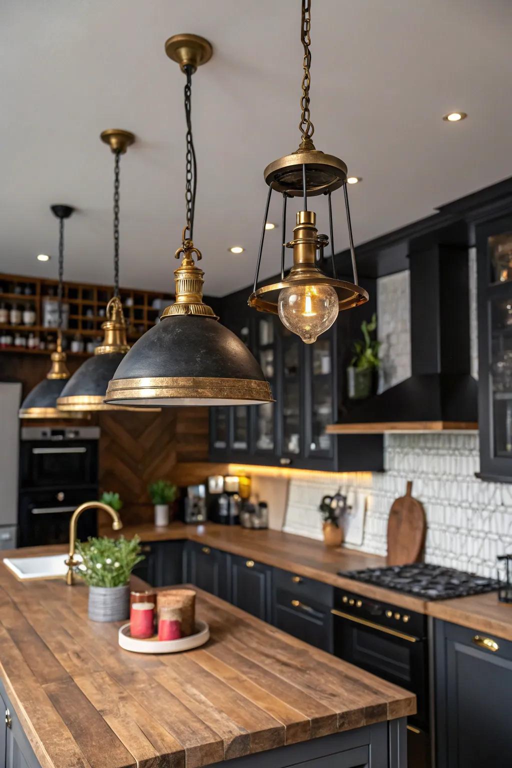 Mixing dark elements with wood and brass creates unique character.