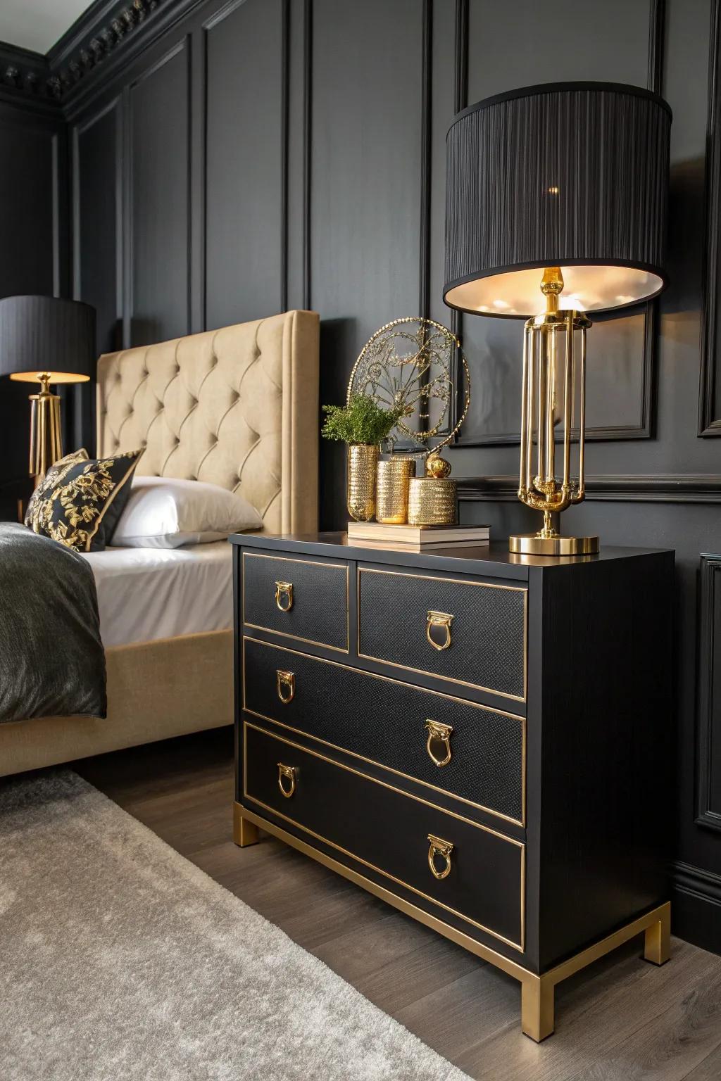 Shining accents contribute an impression of elegance to a shadowy bedroom.