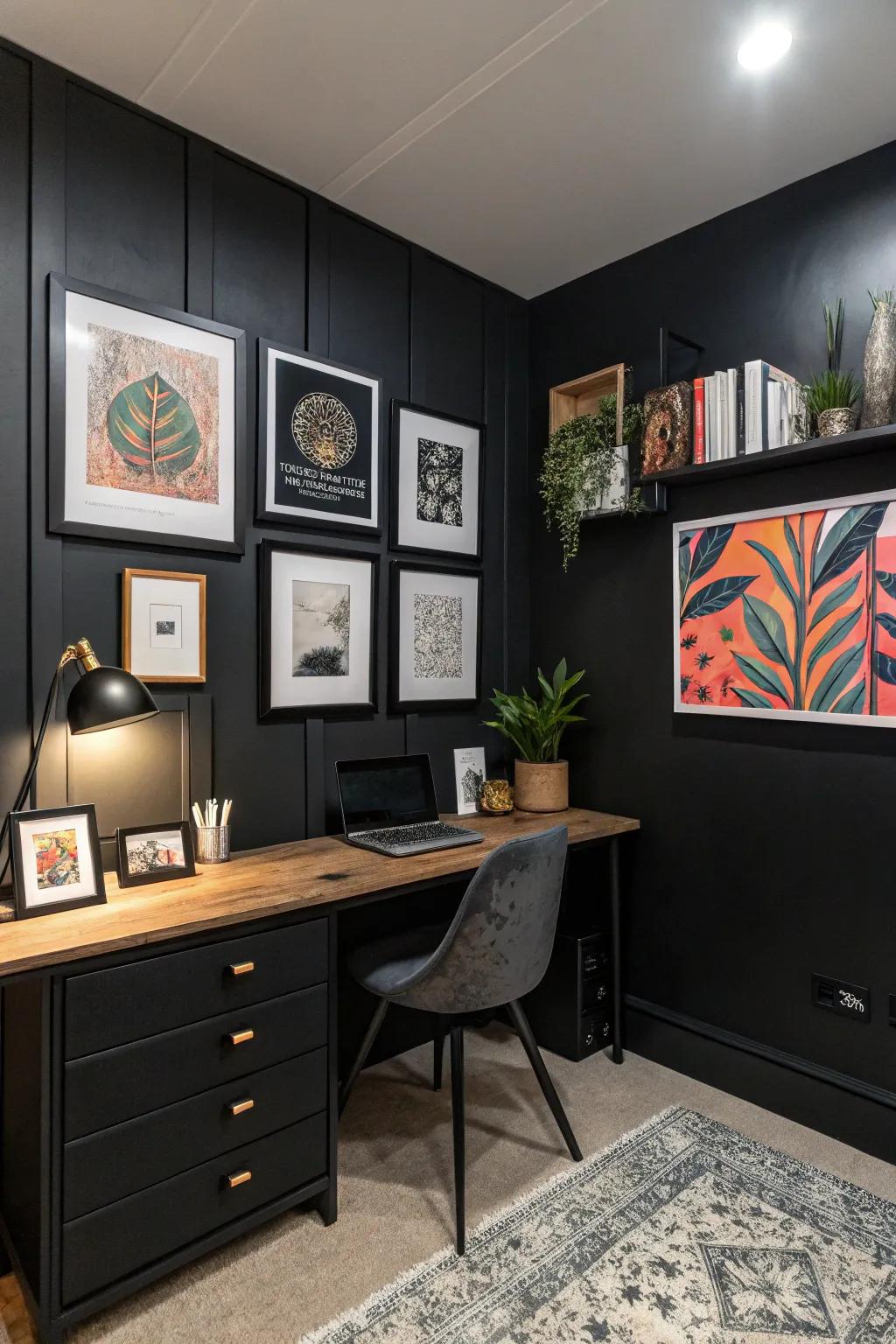 Artwork brings individuality and sparks inspiration in a dark office.