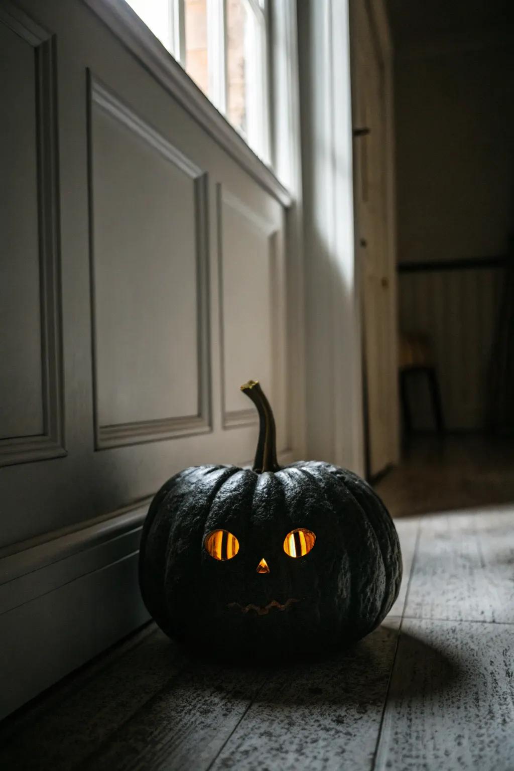 An ebony gourd featuring eerie phosphorescent oculars, introducing an enigmatic atmosphere to the ornamentation.