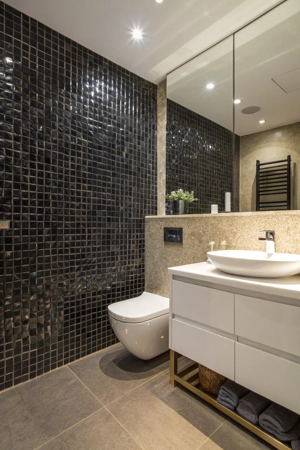 An accent wall featuring dark miniature squares adds texture and visual charm.