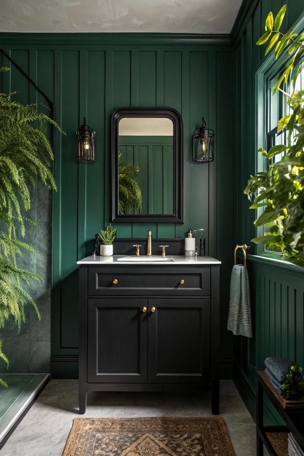Lush verdant walls matched with dark washstands evoke feelings of serenity and sophistication.