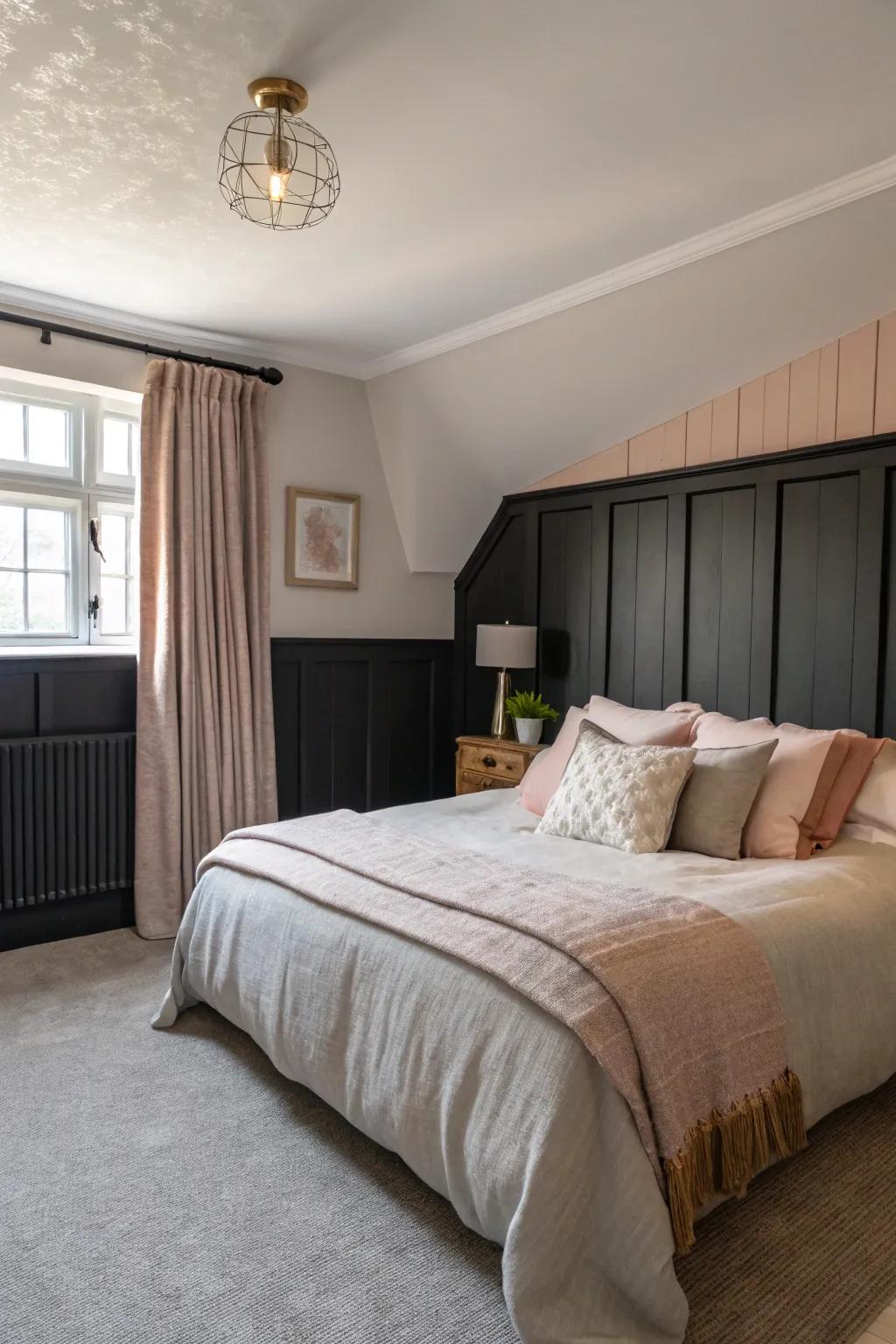 Cozy bedroom retreat featuring dark-toned wood panels.