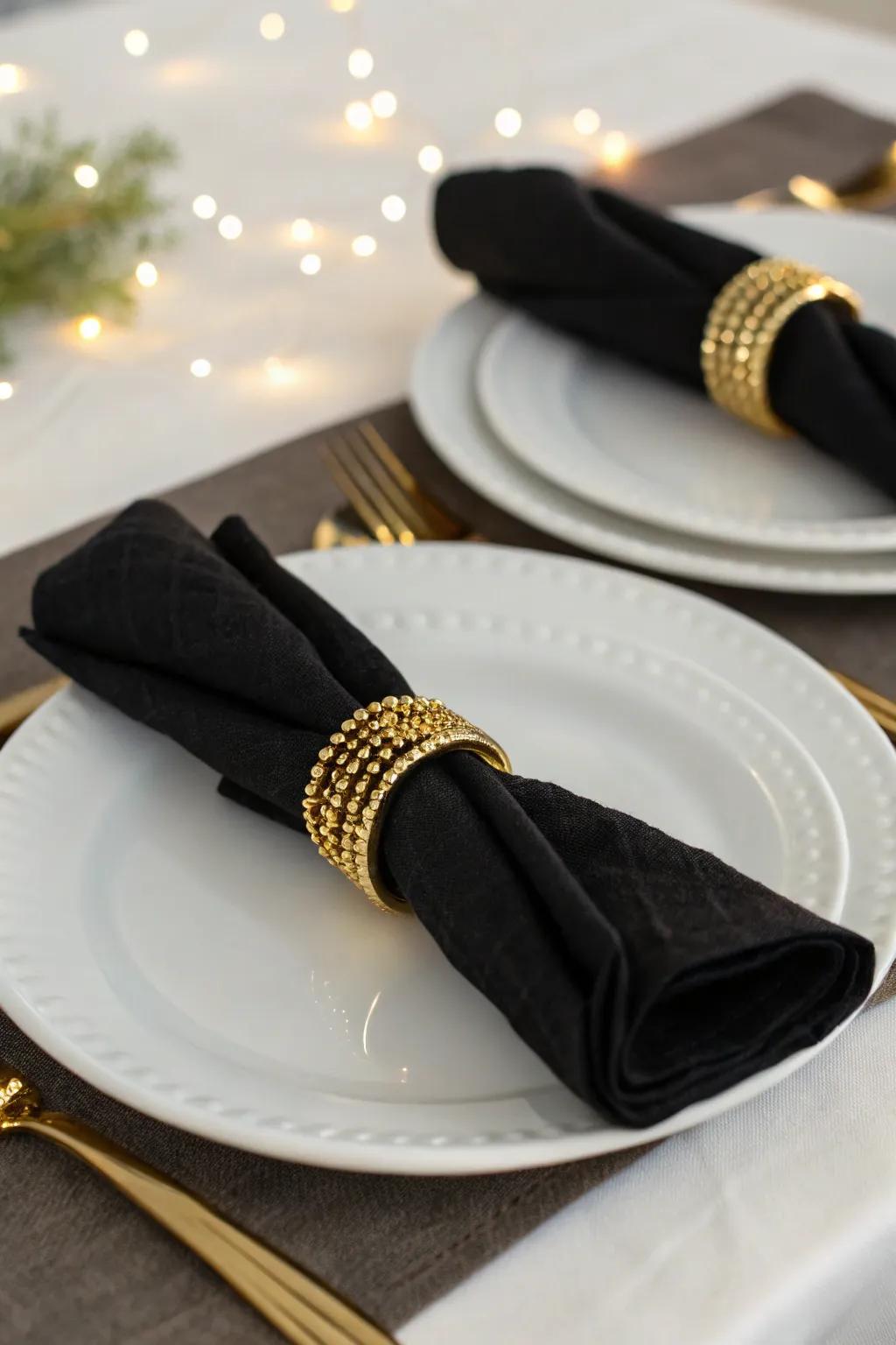 Ebony textiles with gilded bands contribute a sophisticated element.